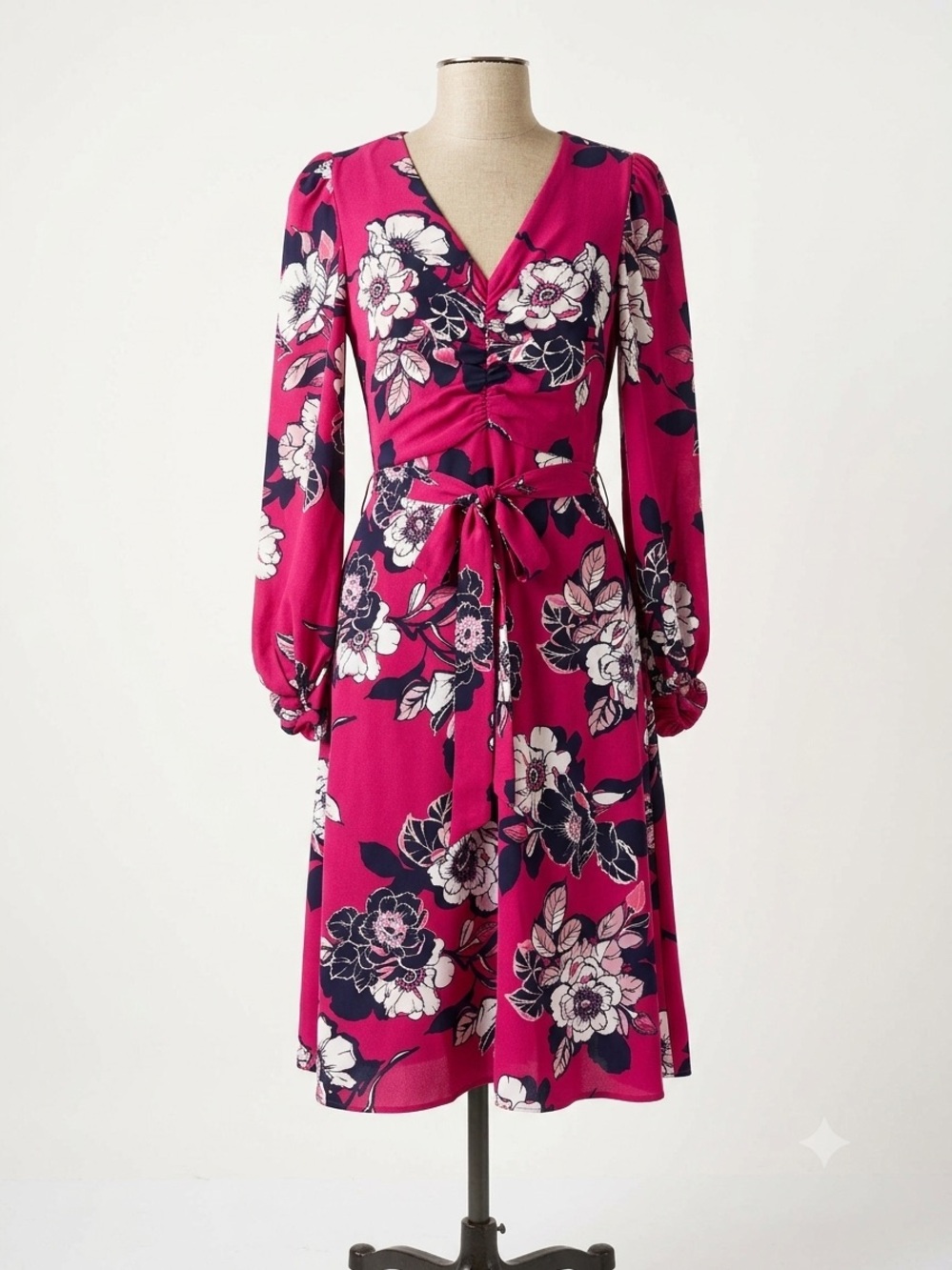 Eliza J. floral ruched bracelet sleeves Berry Pink Floral dress. Garden parties.
